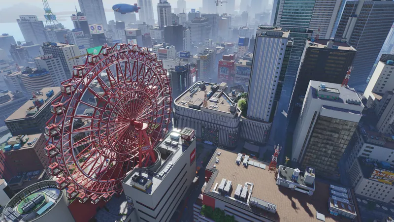 Aerial view of Downtown in Nova City: a red-spoked Ferris wheel among dense city blocks and mid-rise buildings