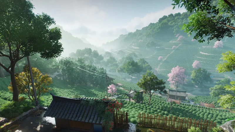 Longqi Village: tea terraces climbing green hills with a traditional tiled-roof house and a blossoming tree in the foreground