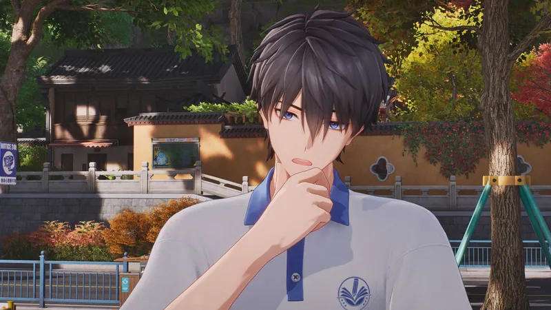 The Captain in a white polo shirt with a blue collar, hand on chin, in a leafy garden
