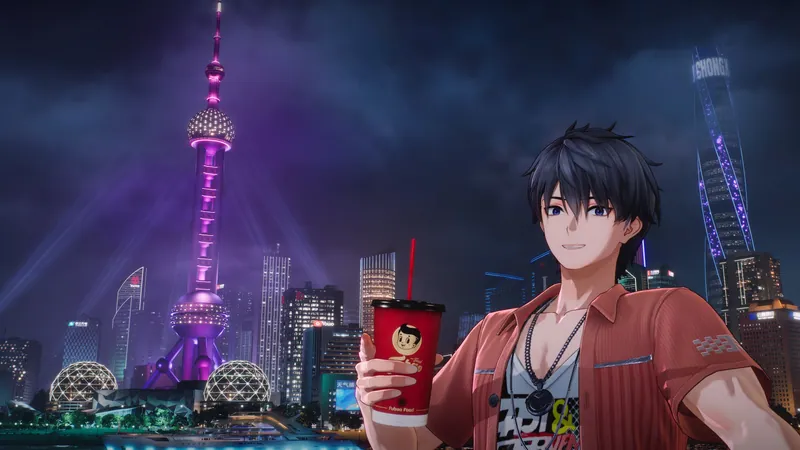 The Captain in an open red shirt holding a drink cup at night with an illuminated tower skyline behind