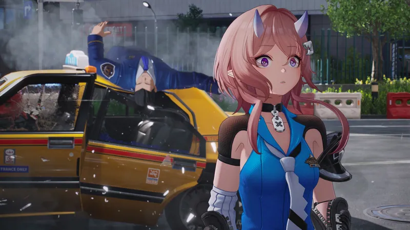 Close-up of Richie with pink-brown hair, small horn-like hair ornaments and a blue outfit beside a yellow taxi