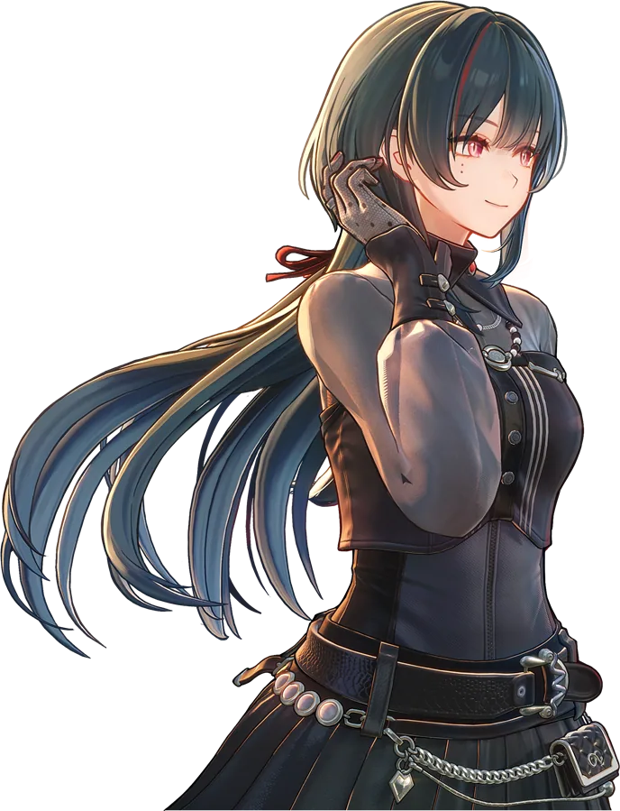 Transparent cut-out of Shi Ye with long dark teal hair, hand at her ear, in a black outfit
