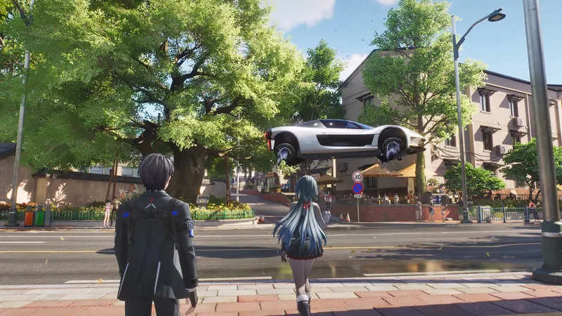 The Captain and Shi Ye walking down a tree-lined street with a white hover car overhead