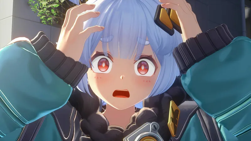 Close-up of Taffy with wide shocked eyes and both hands on her head