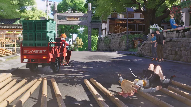 Yinglong lying on a mountain village road near a green delivery truck and bamboo poles