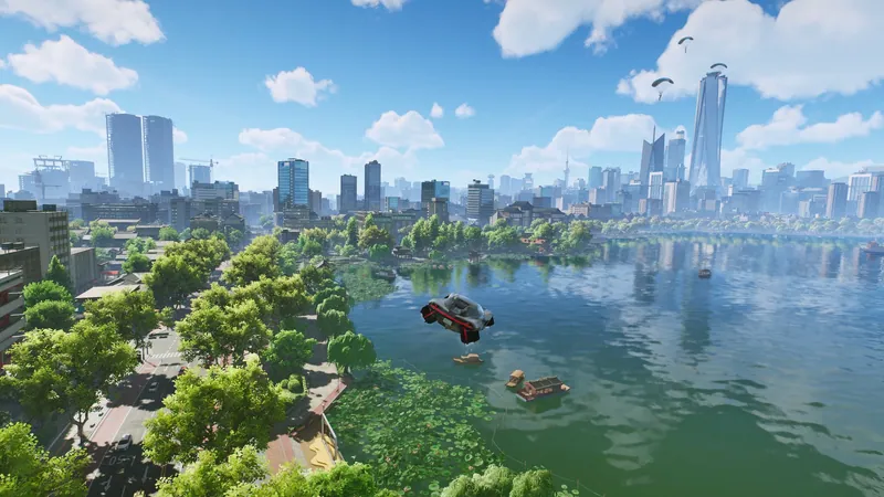 Lakeside city skyline from above with a wrecked car floating in the water and paragliders in the sky