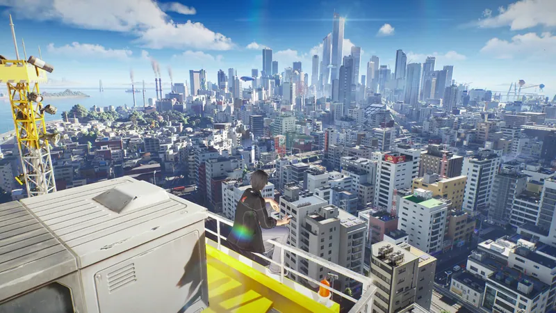 Wide aerial view of a dense city from a rooftop with a yellow crane and a lone figure, sea and skyline in the distance
