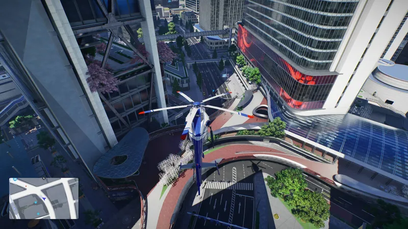 Aerial view of an elevated road and rooftops with a helicopter and a character gliding below it