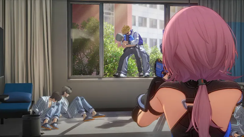 Richie, seen from behind with her pink ponytail, aiming a pistol out of a hotel-room window at a figure on the next roof, with sleeping men on the floor