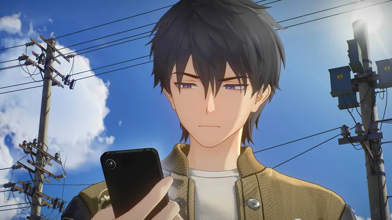 The Captain in a yellow jacket looking at a phone beside a utility pole under a blue sky