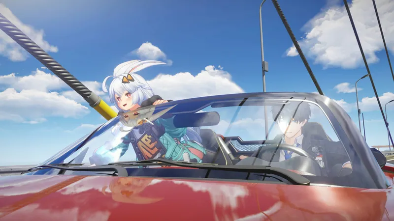 Silver-haired character in a red sports car on a suspension bridge, with bridge cables and blue sky