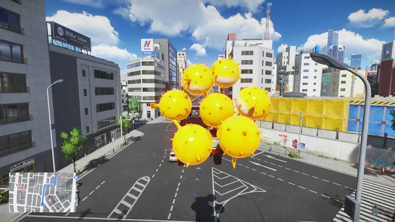 City street with glowing yellow orbs floating above the road and a minimap overlay