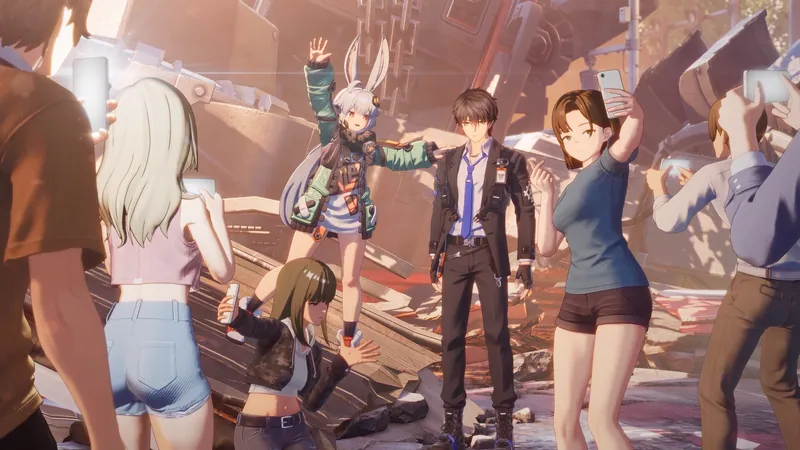 Taffy posing for a group selfie with the Captain and townspeople in a wrecked street in Ananta