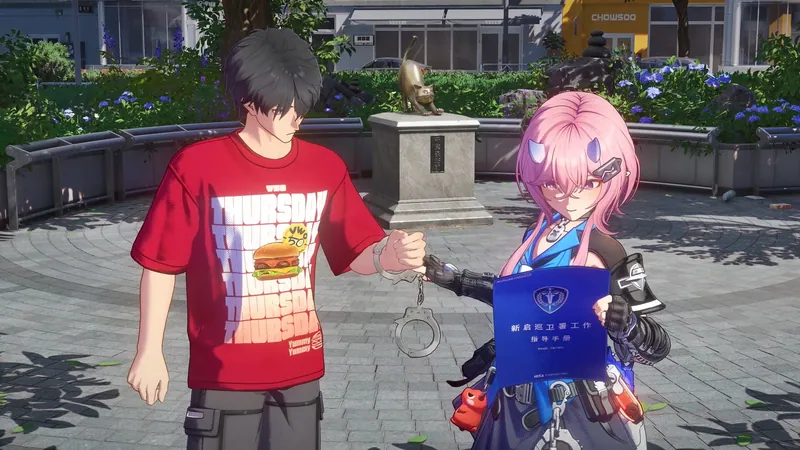 The Captain in a red burger T-shirt handcuffed to Richie, who holds a blue folder, in a stone plaza in Ananta