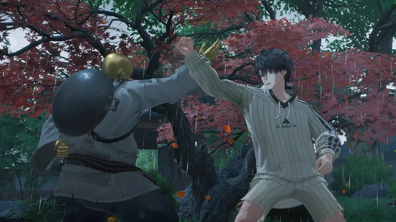 The Captain and a heavily built fighter in a helmet trade a high-five-like clash in a rainy garden with red autumn leaves in Ananta