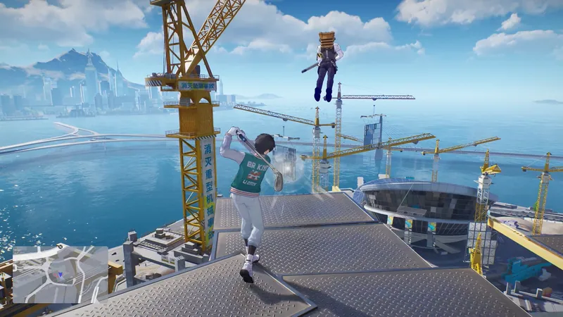Characters leaping between construction cranes above a harbor with a coastal city in the distance in Ananta